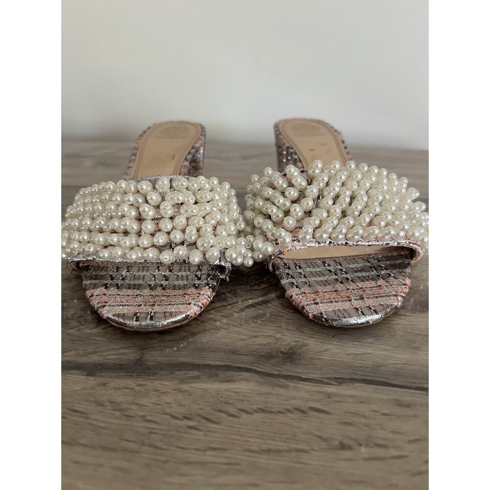 Tory Burch TATIANA Beaded PEARL Tweed Slide Sandals lurex Heels US 10 - Picture 4 of 8